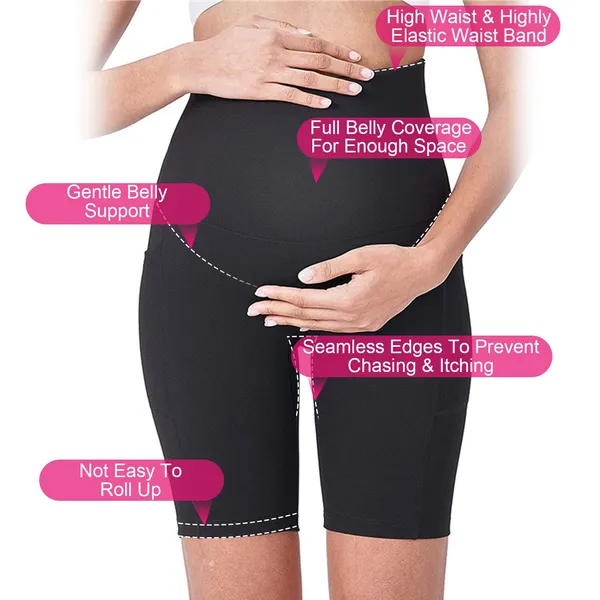 Women Maternity Shorts Seamless Pregnancy Underwear Shapewear Fitness Yoga Running Shorts High Waist Over The Belly Pants with Two Side Pockets - Image 9